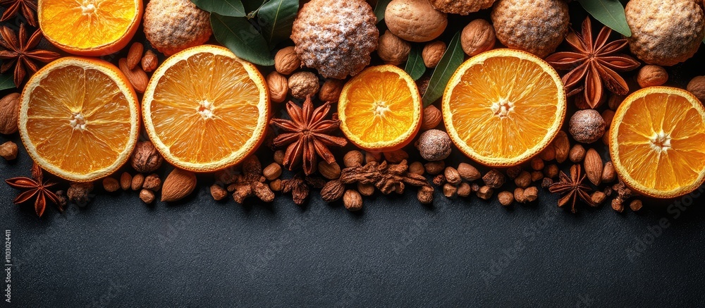 Aufkleber decorative gingerbread and dried citrus fruits arranged on dark concrete surface creating inviting h