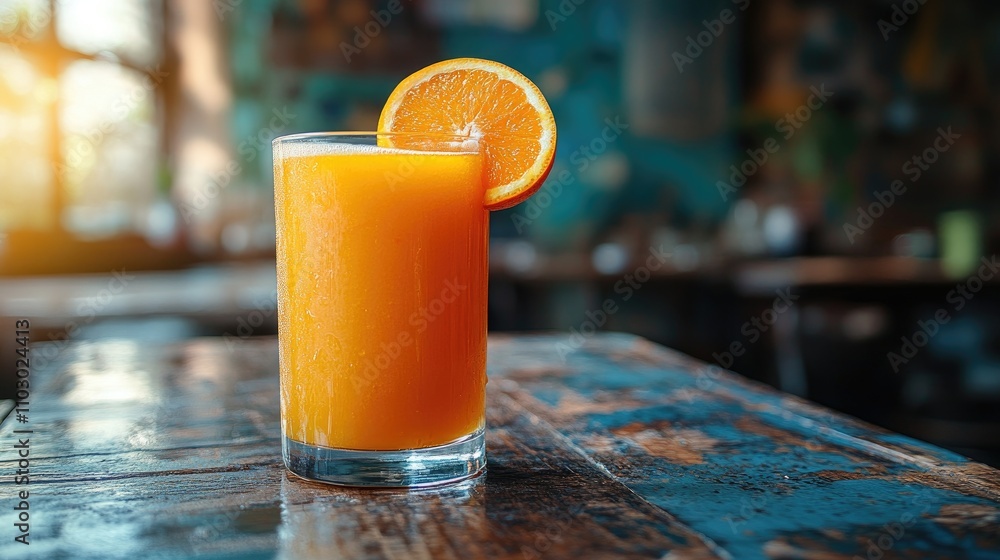Poster Refreshing freshly squeezed orange juice in a glass garnished with an orange slice on a rustic wooden table setting