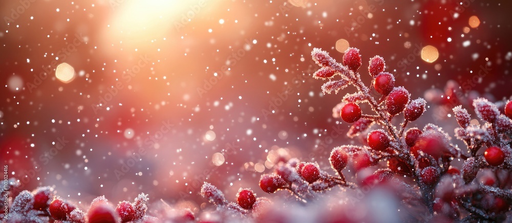 Aufkleber Winter wonderland backdrop with frosted berries twigs and falling snowflakes creating a festive and magical atmosphere for Christmas themes