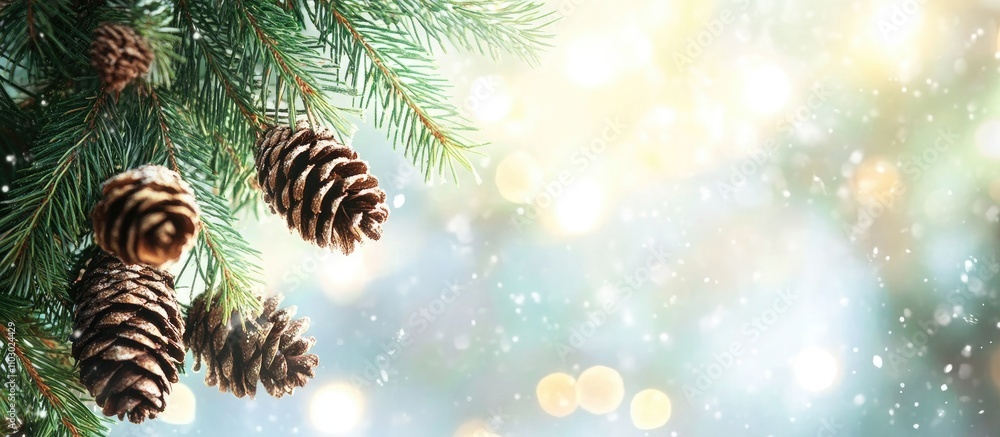 Aufkleber decorative spruce tree branches with pine cones set against a dreamy blurred winter background with 