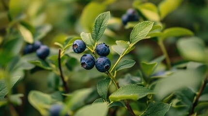 Close-up of vibrant blueberries nestled among lush green leaves showcasing organic fruit and promoting a healthy lifestyle.