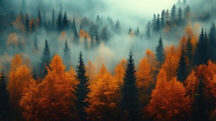 Obraz premium Forest trees with vibrant autumn foliage rising through the fog in a serene valley landscape