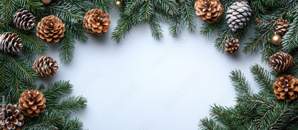 Poster Christmas composition of fir branches and pine cones on a white background flat lay with empty space for your text or images.