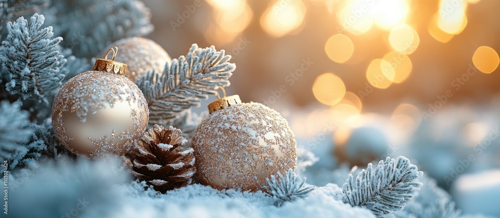 Poster frosted christmas tree branches with golden baubles and pinecones against a soft glowing background 