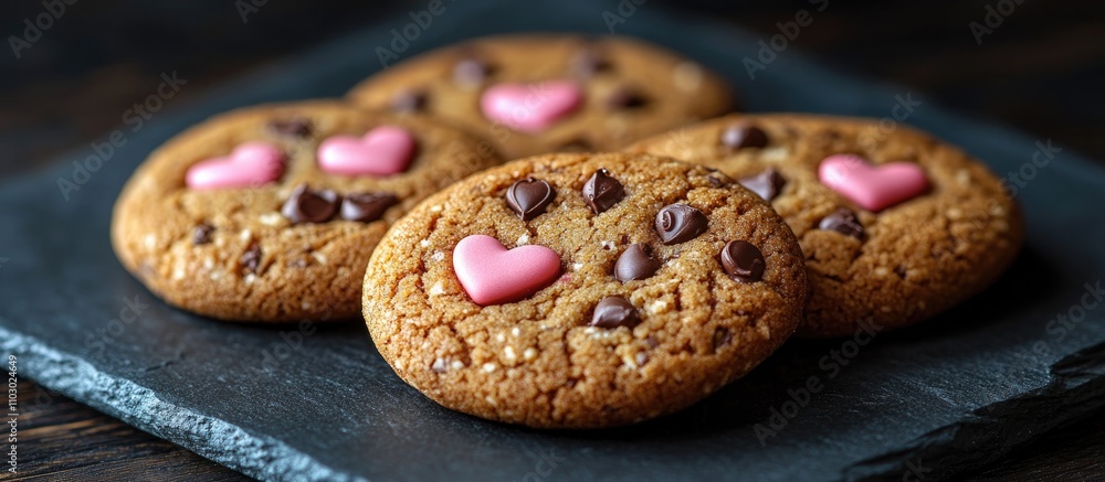 Poster heart-shaped cookies with chocolate chips arranged on a dark napkin creating a cozy dessert presenta
