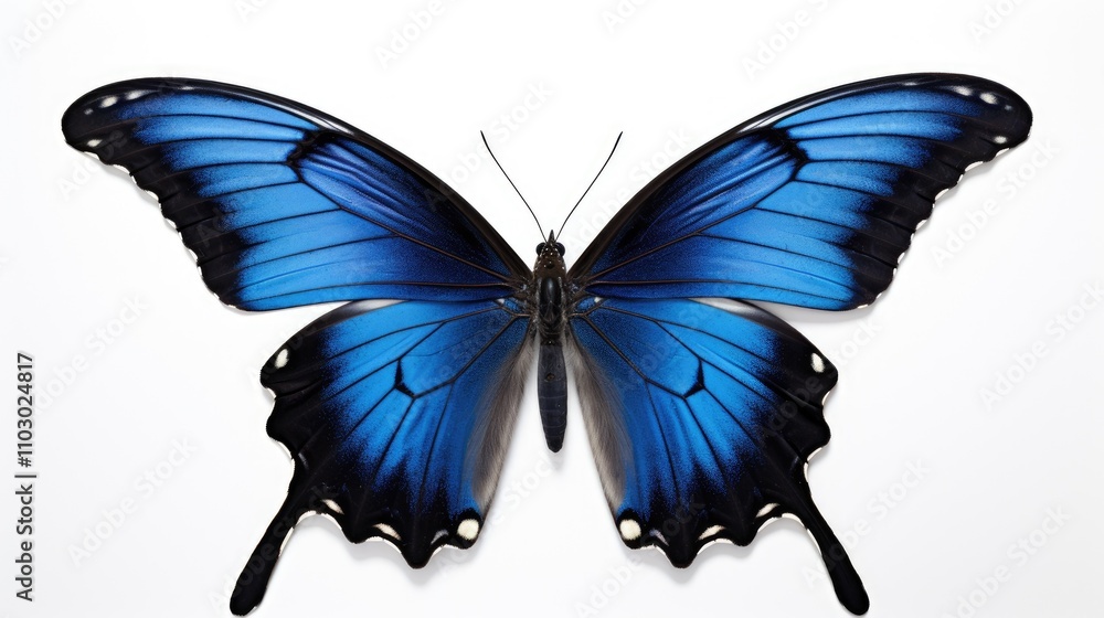 Poster elegant blue swallowtail butterfly with intricate wing patterns displayed against a clean white back