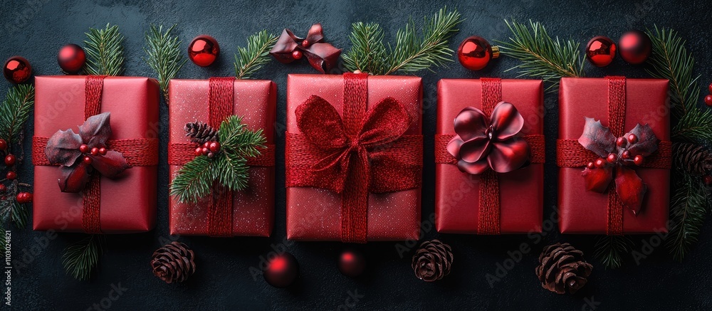 Poster Red Christmas gift boxes arranged with ornaments and greenery on a dark surface creating a festive holiday flat lay scene with space for text