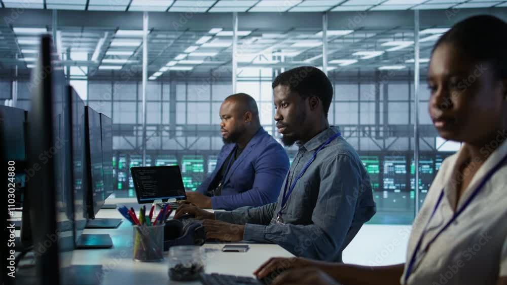 Poster system administrators in data center implementing ai predictive maintenance systems. teamworking ser
