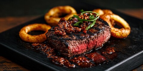 Dry aged wagyu roast beef steak grilled to perfection, featuring BBQ chili and onion rings, presented in a close up on a charred black wooden board for an enticing culinary experience.