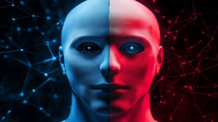 Duality of Artificial Intelligence: Half Blue and Half Red Face Representing Technology and Humanity, Connected by a Network of Digital Elements and Data Flow