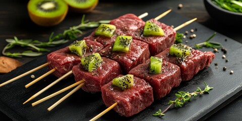 Fresh raw beef meat fillet shish kebab prepared on skewers, featuring kiwi marinated beef for an enhanced flavor. Enjoy the taste of beef meat fillet in this unique shish kebab.