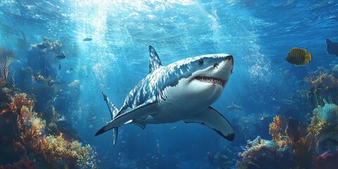 Naklejka premium Underwater encounter with a Great White Shark, showcasing the majestic beauty and power of the Great White Shark in its natural habitat, highlighting the stunning underwater world.