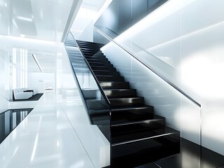 Obraz premium Modern staircase in a sleek, minimalist interior with bright lighting.