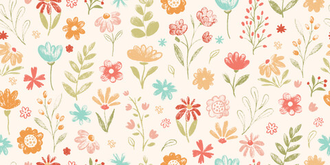 Seamless pattern with flowers. Cute floral simple doodle botanical art. Flowers, leaves, greenery kid style drawings. Crayon pencil vector. Spring, summer childish blosooms. Endlesss, repeat wallpaper
