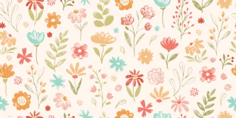 Fototapete Seamless pattern with flowers. Cute floral simple doodle botanical art. Flowers, leaves, greenery kid style drawings. Crayon pencil vector. Spring, summer childish blosooms. Endlesss, repeat wallpaper © olechkaart