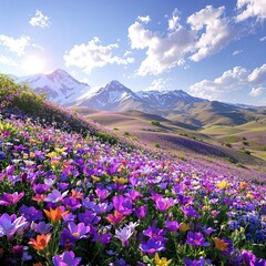 Fototapeta premium Purple flower petals on a soft, grassy hillside or slope with wildflowers, garden scene, springtime scene, blooming flowers, purple flower petals, purple foliage
