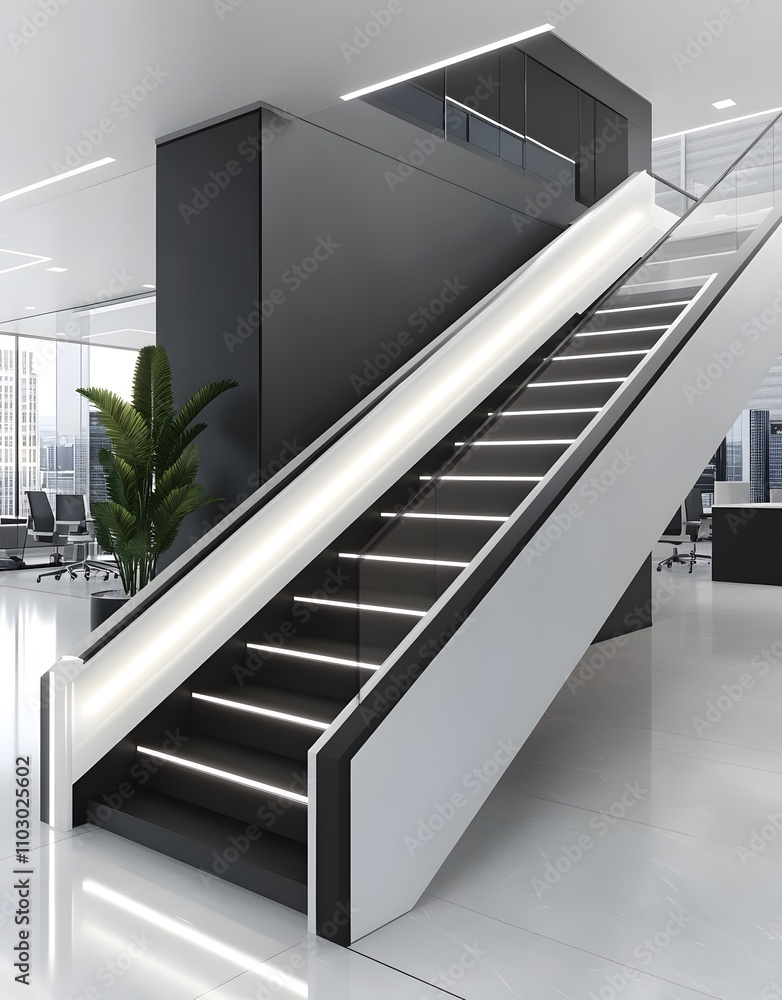 Poster Modern staircase in a sleek office environment with illuminated handrails.