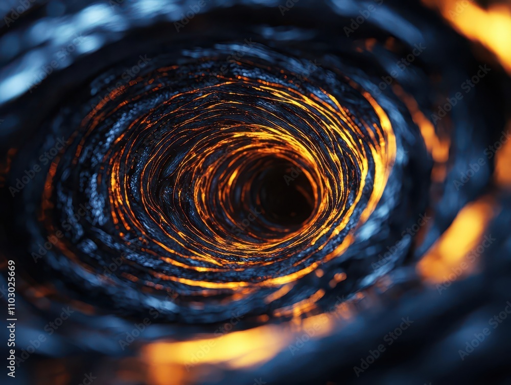 Poster a swirling vortex of dark textures illuminated by fiery orange tones, creating a striking visual eff
