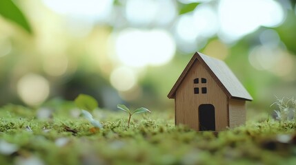 Miniature wooden house on vibrant green grass with a blurred background featuring a serene meadow and soft bokeh effect, creating a dreamy atmosphere.
