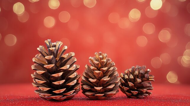 Pine cones arranged attractively on a vibrant red background with bokeh lights, perfect for customizable Christmas greeting cards.