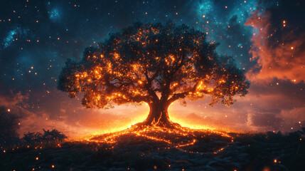Fototapeta premium Glowing tree emanating fiery light in a cosmic, dreamlike landscape