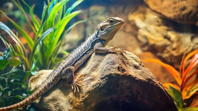 Reptile pet display. Featuring a lizard basking on a rock in a terrarium. Highlighting the care and environment for reptile pets. Ideal for reptile care guides.