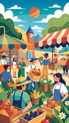 A colorful painting of a market scene with people shopping and selling produce