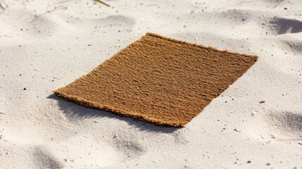 Doormat on a sunlit white sand beach representing the concept of remote work and the allure of relocating to picturesque destinations