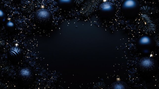 Dark blue Christmas ornaments adorning a black backdrop surrounded by festive greenery, creating a elegant space for personalized holiday greetings.