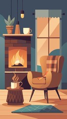 A cozy living room with a fireplace and a chair