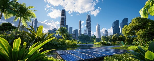 Fototapeta premium A vibrant cityscape blends nature and technology, featuring lush greenery and solar panels against a backdrop of modern skyscrapers under a clear blue sky.