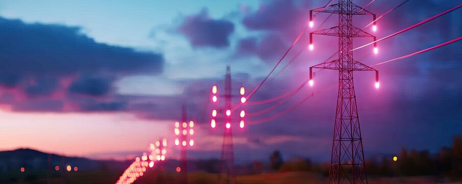A vibrant sunset scene with illuminated power lines creating a striking visual contrast against the colorful sky.