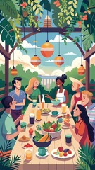 A group of people are sitting around a table with a variety of food and drinks