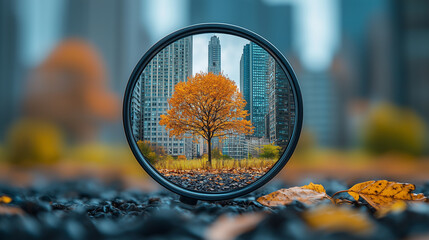 Magnifying glass focusing on a single tree within a futuristic city skyline