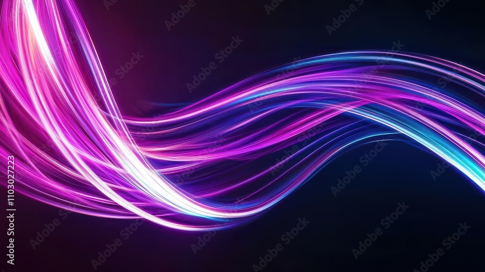 Poster a vibrant display of swirling light waves in pink and blue against a dark backdrop, creating a dynam