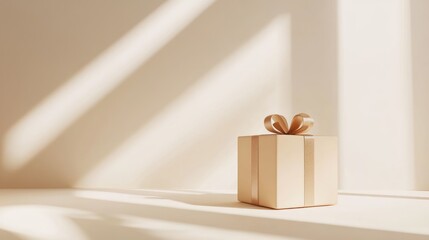 Beige gift box with ribbon bow in soft sunlight.