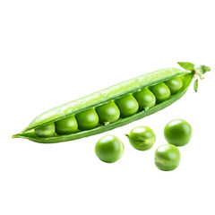 Fresh green pea pods and peas on the Transparent background