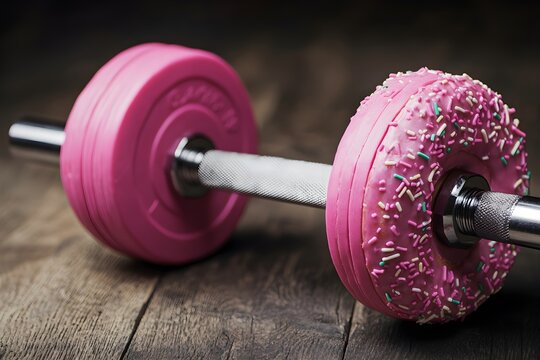 Close-Up of a Pink Barbell with a Decorative Donut on the End for Creative Fitness Concepts