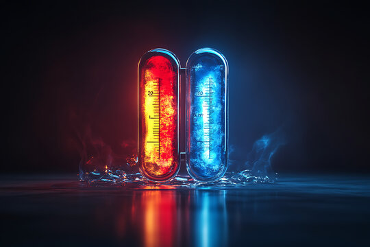 Two thermometers, one red and one blue, surrounded by smoke effects. - Powered by Adobe