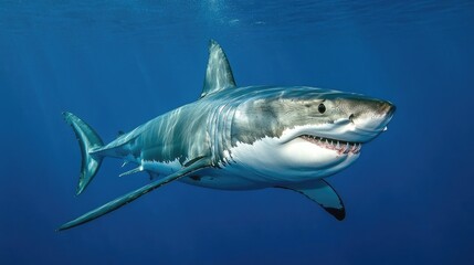 Fototapeta premium Great white shark swimming gracefully in deep blue waters, showcasing its powerful body and sharp teeth in a natural marine habitat.