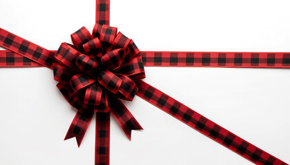 Red and black Christmas gift  long bow ribbon on a white background. Generative AI.