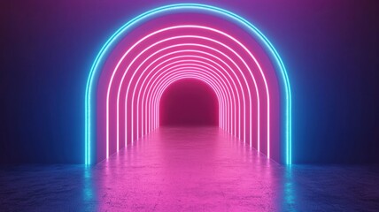A vibrant tunnel illuminated by glowing neon lights in pink and blue, creating a futuristic ambiance.