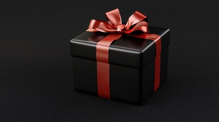 Black gift box with red ribbon bow on a textured dark surface.