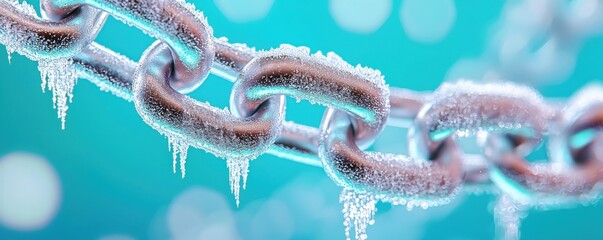 Naklejka premium A close-up of a frozen chain, covered in ice crystals, set against a blurred blue background.