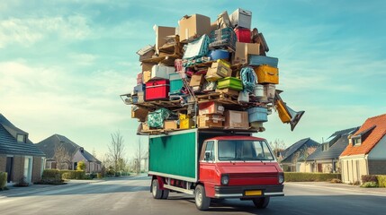 Naklejka premium Colorful moving truck overloaded with various boxes, furniture, and household items navigating a sunny neighborhood street in a vibrant urban setting