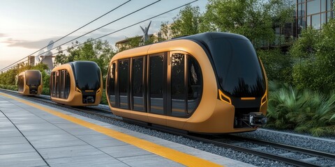 A modern, sleek train with a yellow exterior is displayed on tracks, surrounded by greenery and a serene setting at sunset.