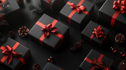 Black gift boxes with red ribbons surrounded by natural elements on a dark background.