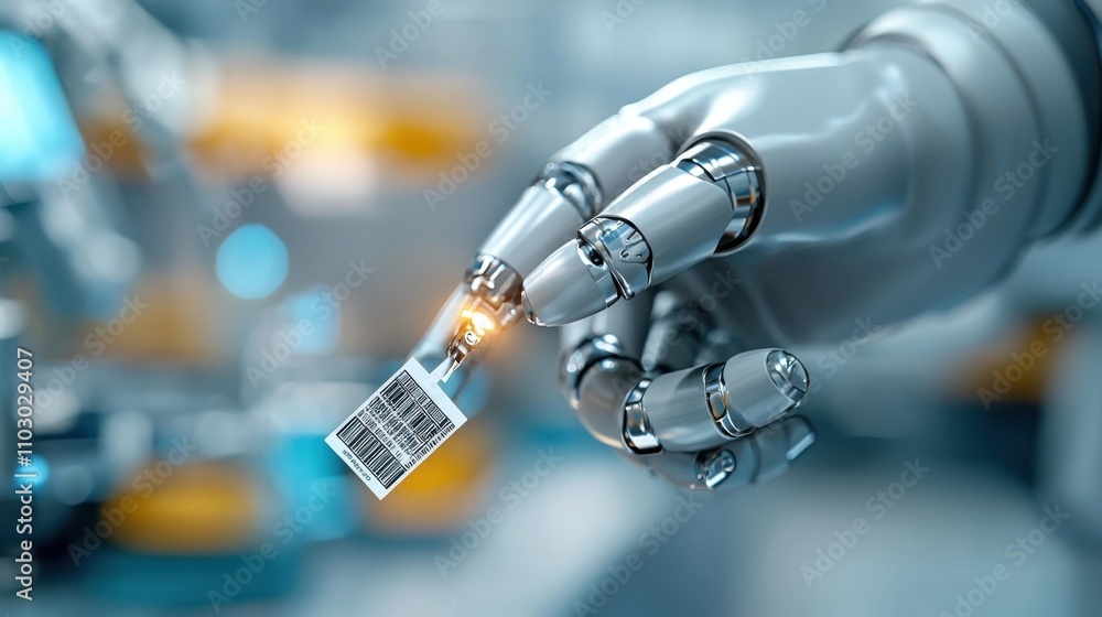 Poster close up view of a robotic arm carefully handling a miniature electronic component in a high tech la