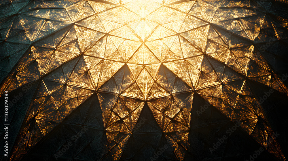 Poster golden geodesic dome illuminated by sunlight. intricate triangular pattern creates a striking, abstr