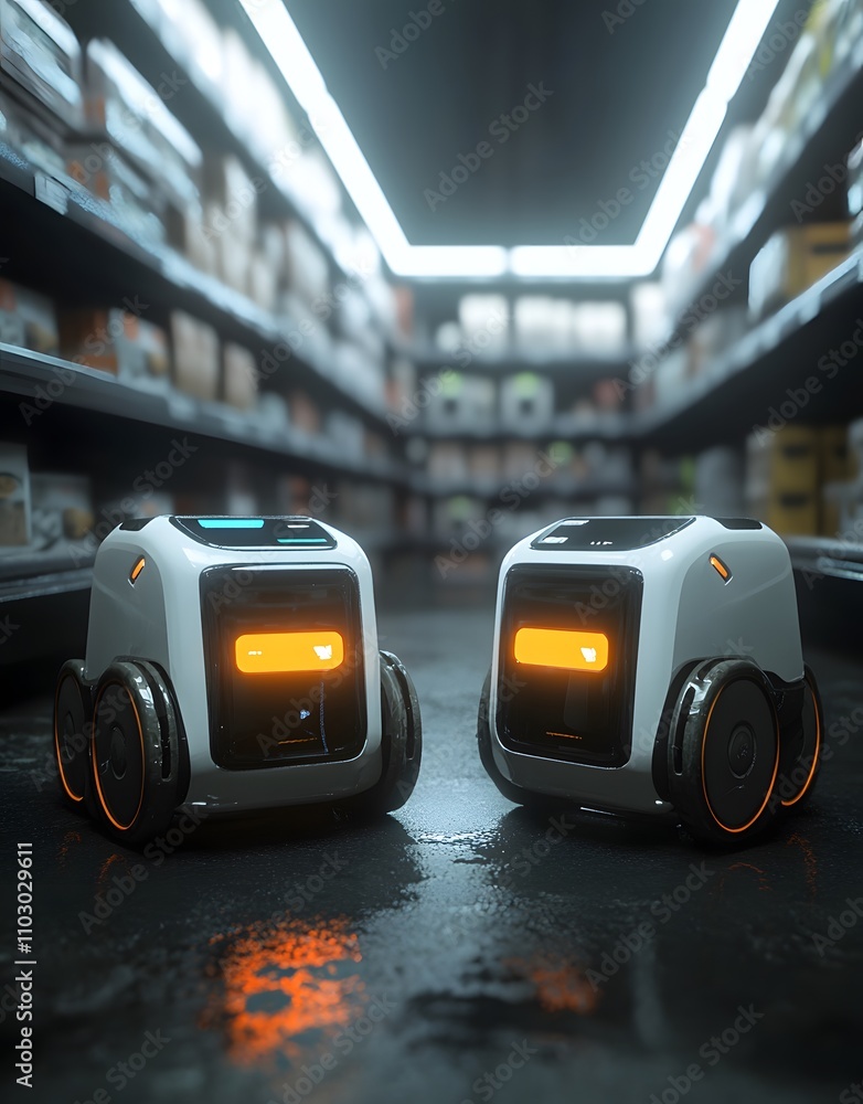 Poster two small robots with glowing features in a warehouse aisle, likely for inventory management.